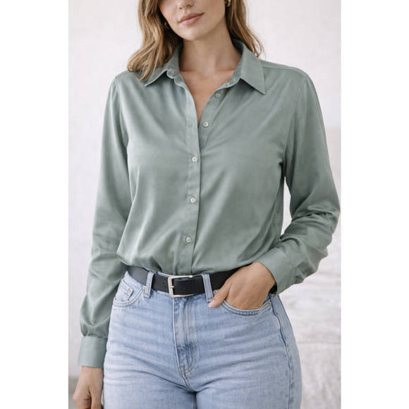 Rachel Zoe Sage Green Silky Button Down Blouse Size L - Picture 2 of 9